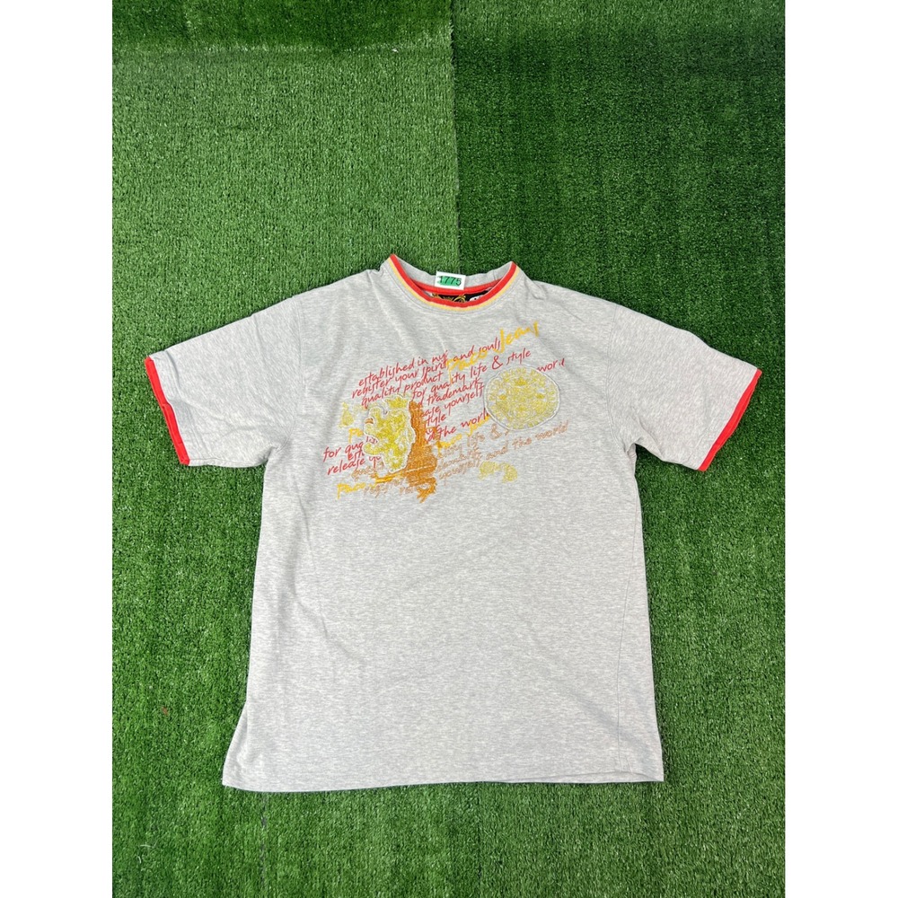 Paco Jeans Mens Gray Graphic Ringer T-Shirt Embroidered Lion Crest Size M